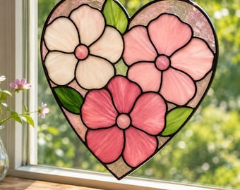Motif vitrail fleur coeur : modèle attrape-soleil floral romantique (téléchargement numérique)