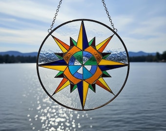 Vitrail motif rose des vents, attrape-soleil nautique moderne (téléchargement numérique)