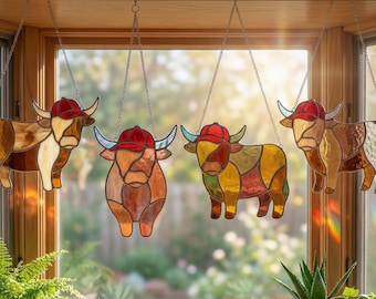 Pacote de padrões para vitrais: 4 desenhos de vacas das Terras Altas com boné de beisebol (download digital)