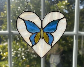Molde de vitral para apanhador de sol em forma de coração com borboleta, modelo geométrico faça você mesmo (download digital)