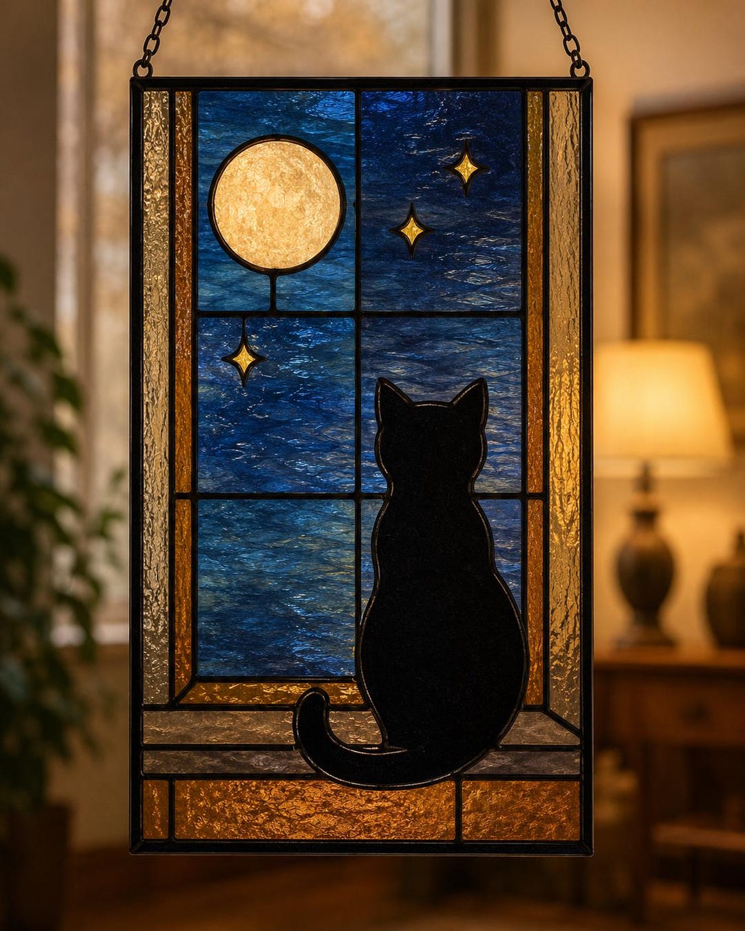 Black Cat Stained Glass Pattern: Moonlit Window Suncatcher Template ...