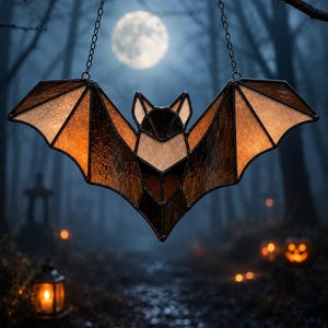 May include: A stained glass bat suncatcher featuring dark brown and translucent amber glass panels held together by black metal solder lines. The bat is suspended by two thin metal chains attached to its wings, showcasing a detailed wing structure.