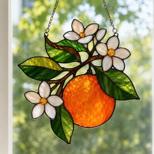 Mönster med apelsinblommor i målat glas | Citrusblommig solfångare | SVG PDF digital nedladdning