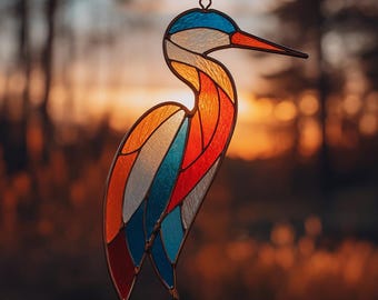 Padrão geométrico de vitral com garça, enfeite de janela moderno com pássaro (download digital)