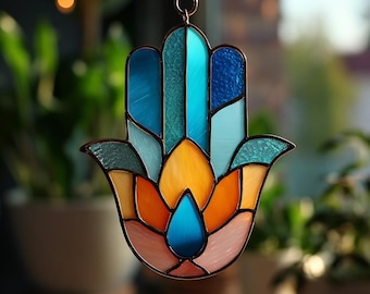 Modelo de vitral moderno com padrão geométrico Hamsa e Mão de Fátima para apanhador de sol (faça você mesmo) - Download digital