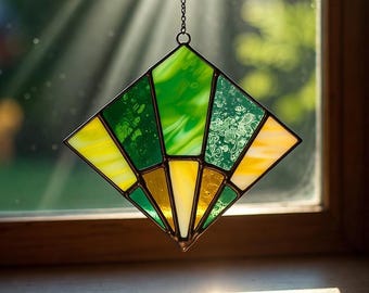 Padrão de vitral Art Déco em forma de diamante para apanhador de sol, verde e amarelo (PDF)