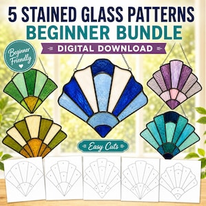 May include: A digital download bundle featuring 5 stained glass patterns for shell-shaped suncatchers. The image displays five finished glass pieces in green, blue, purple, yellow, and teal, alongside five corresponding black and white line templates.