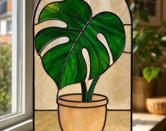 Modèle de vitrail Monstera : modèle attrape-soleil pour plante en pot (téléchargement numérique)