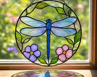 Motif de vitrail libellule PDF PNG SVG, modèle attrape-soleil botanique, téléchargement d'art floral pour fenêtre