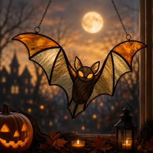 May include: A stained glass bat suncatcher with amber and dark brown glass panels, featuring glowing yellow eyes. The bat is suspended by two thin metal chains and is crafted with dark lead or solder lines outlining each individual glass segment.