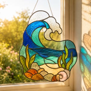 May include: A stained glass suncatcher featuring a large ocean wave in shades of deep blue and turquoise, with a sandy beach, green seaweed, brown rocks, and a small pink seashell at the base, all held together by dark metal solder lines.