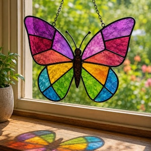 May include: A stained glass butterfly suncatcher with a black metal frame. The butterfly's wings are divided into colorful geometric shapes in shades of purple, red, orange, yellow, green, and blue. It hangs from a chain in front of a window.