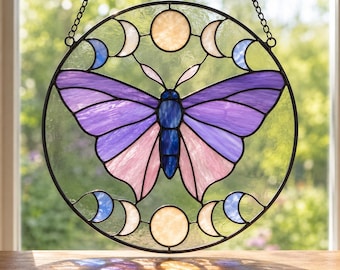Papillon céleste vitrail modèle bouclier moderne phase de lune attrape-soleil modèle bricolage insecte décor SVG PDF PNG téléchargement numérique