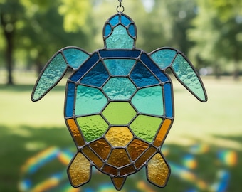 Padrão de vitral de tartaruga marinha – Modelo de mosaico para apanhador de sol (Download digital)