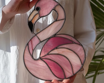 Vitral con diseño geométrico de flamencos, atrapasol tropical moderno (descarga digital)