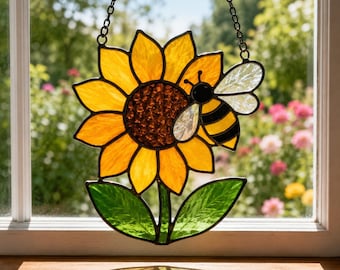 Modèle géométrique attrape-soleil à motif de vitrail abeille tournesol (téléchargement numérique)