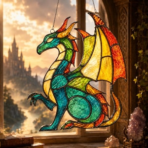 Pode incluir: Um apanhador de sol de vitral em forma de dragão, apresentando uma paleta vibrante de cores do arco-íris com segmentos de vidro vermelho, laranja, amarelo, verde e azul unidos por linhas de chumbo de metal escuro, suspenso por uma corrente.