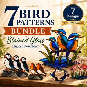 Op de afbeelding: Een digitaal downloadpakket met 7 glas-in-lood vogelpatronen. De afbeelding bevat de tekst 7 BIRD PATTERNS BUNDLE Stained Glass Digital Download en 7 Designs. De illustraties tonen papegaaiduikers, ijsvogels, roodborstjes en flamingo's.