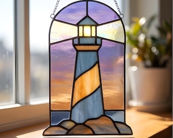 Lot de motifs de vitrail de phare moderne : 4 modèles d'attrape-soleil Ocean Shore (téléchargement numérique)