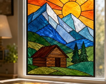 Modèle de vitrail de cabane de montagne : modèle attrape-soleil paysage lever de soleil (SVG PDF PNG)