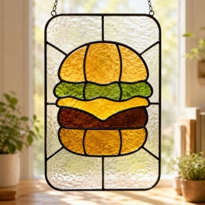 Burger Stained Glass Pattern, Hamburger Suncatcher, Food Window Panel Template