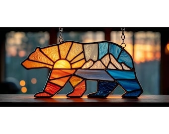 Padrão de vitral com paisagem de urso, enfeite de janela moderno para montanha (download digital)