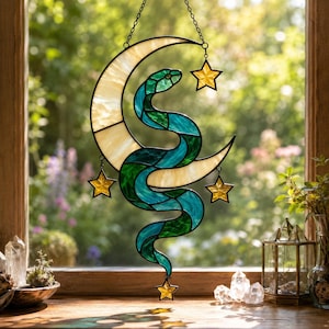 Celestial Snake Moon Phases Stained Glass Pattern Suncatcher (Digital Download)