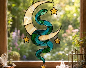 Serpent céleste et phases de lune modèle de vitrail bouclier modèle attrape-soleil mystique moderne bricolage serpent décor téléchargement numérique