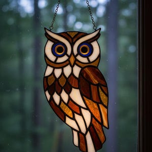 May include: Stained glass owl hanging decoration. The owl features a detailed design with brown, orange, white, and yellow glass pieces. The eyes are blue and the owl is suspended by a chain. The background is a blurred view of trees.