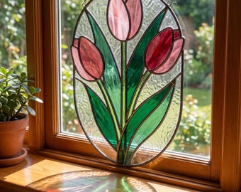 Modèle de vitrail tulipe ovale : modèle attrape-soleil floral (téléchargement numérique)