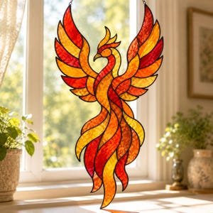 May include: A stained glass suncatcher shaped like a phoenix with wings spread wide. The piece is constructed from textured glass panels in vibrant shades of red, orange, and yellow, all outlined with dark metal soldering to define the form.