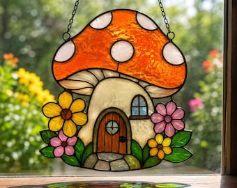 Modèle de vitrail cottage champignon : modèle attrape-soleil maison de fée (téléchargement numérique)