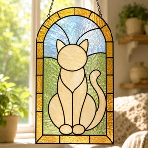 May include: An arched stained glass panel featuring a cream-colored cat silhouette centered against a green landscape and a light blue sky. The piece is framed by a textured amber border and is suspended by a black metal chain for hanging display.