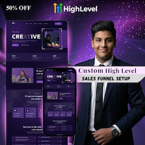 Puede incluir: Un anuncio de marketing digital con una persona con traje oscuro y corbata, un teléfono inteligente y una pantalla de portátil que muestra un sitio web morado con el texto HighLevel, 50% OFF y Custom High Level SALES FUNNEL SETUP.