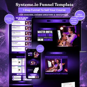 Könnte beinhalten: Eine digitale Marketing-Funnel-Vorlage mit einem lila und weißen Design. Die Vorlage enthält einen Laptop und ein Smartphone-Display, das einen Kursverkaufs-Funnel präsentiert. Der Text enthält "Master Digital Marketing" und "Build a Profitable Online Business."