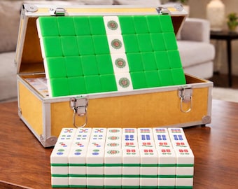 Mahjong Set 144 Tiles with Gold Aluminum Case – Green & White Acrylic Tiles with Accessories