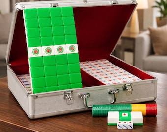 Acrylic Hand-Carved Mahjong Set with Silver Aluminum Case | Yusheng Green White Tiles for Home Game Nights