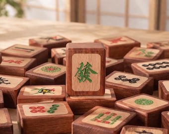 Engraved Mahjong Tile Set: Reddish Hardwood with Beech Inlay