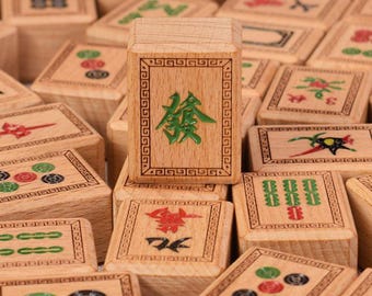 Engraved Mahjong Tile Set, Solid Wood Natural