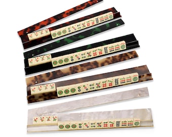 Mahjong Racks and Pushers Set, Injected Acrylic Matte Finish – Tortoise Shell, Emerald, Amber & Pearl Colors
