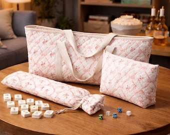 Mahjong Travel Bag Set, Floral Quilted Storage Pouch Carrying Case for Mahjong Accessories