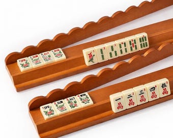 Mahjong Racks and Pushers Set of 4 | Solid Natural Wood Finish with Magnetic Pushers