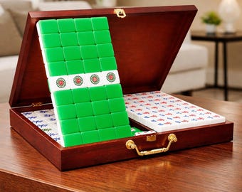 Mahjong Set 144 Tiles with Wooden Case – Green & White Acrylic Tiles with Accessories