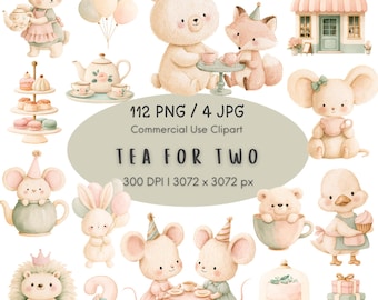 May include: A collection of watercolor illustrations featuring animals like rabbits, bears, foxes, mice, and a duck having tea parties. Includes a tea shop, tiered dessert stands, balloons, cakes, and the text 112 PNG / 4 JPG Commercial Use Clipart TEA FOR TWO 300 DPI / 3072 x 3072 px.