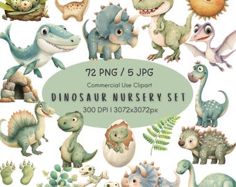 May include: A collection of watercolor dinosaur illustrations in various poses and colors, including a T-Rex, Triceratops, and Brontosaurus. The image includes the text "DINOSAUR NURSERY SET" and "72 PNG / 5 JPG".