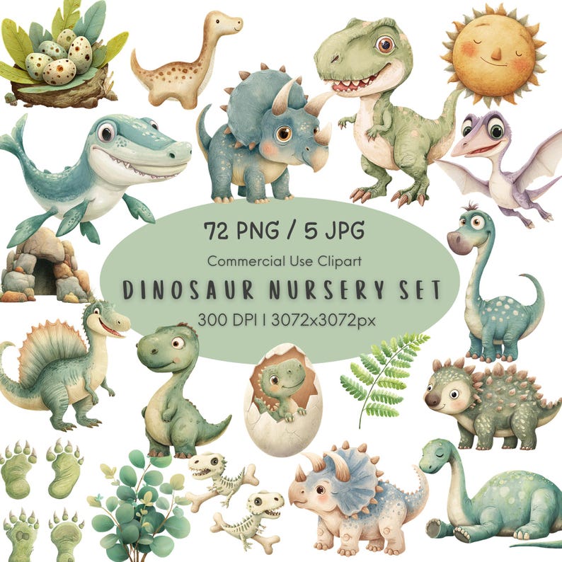 Cute Dinosaur Clipart PNG, Baby Dino Nursery Watercolor, Neutral Green ...