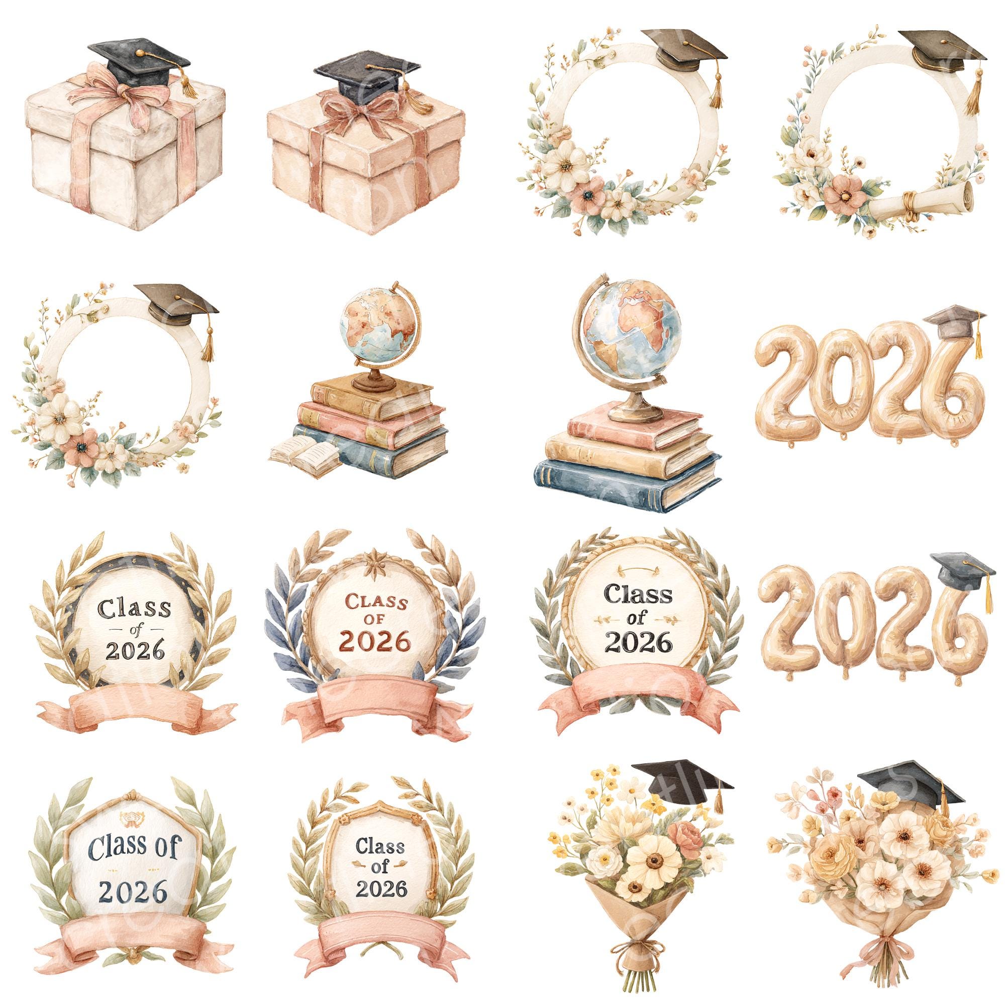 Graduation Clipart PNG, Class of 2026 Watercolor Grad Bundle ...