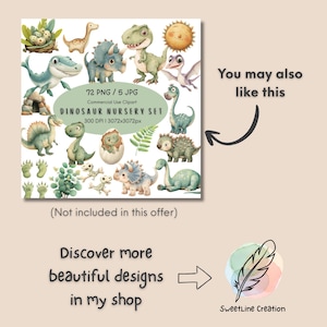 May include: A digital illustration set featuring various watercolor dinosaurs in shades of green, blue, and brown. The set includes a variety of dinosaurs, footprints, and foliage. Text on the image reads "DINOSAUR NURSERY SET" and "Discover more beautiful designs in my shop."