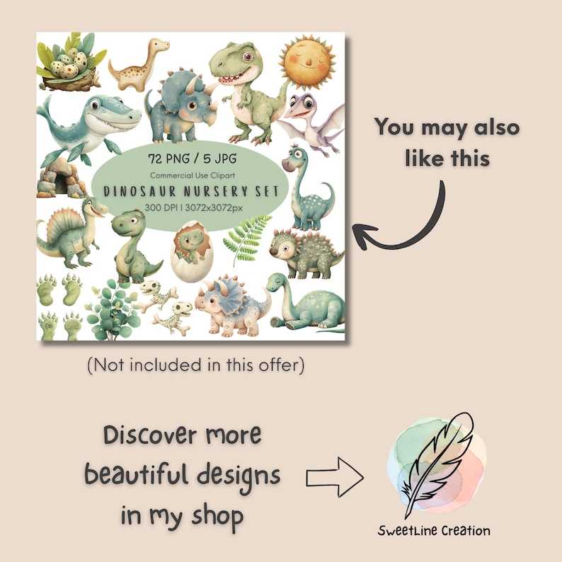 May include: A digital illustration set featuring various watercolor dinosaurs in shades of green, blue, and brown. The set includes a variety of dinosaurs, footprints, and foliage. Text on the image reads "DINOSAUR NURSERY SET" and "Discover more beautiful designs in my shop."