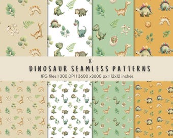 May include: Eight dinosaur seamless patterns in various colors, including green, beige, and yellow. Each pattern features watercolor illustrations of dinosaurs, ferns, and other prehistoric elements. The text "DINOSAUR SEAMLESS PATTERNS" is displayed.